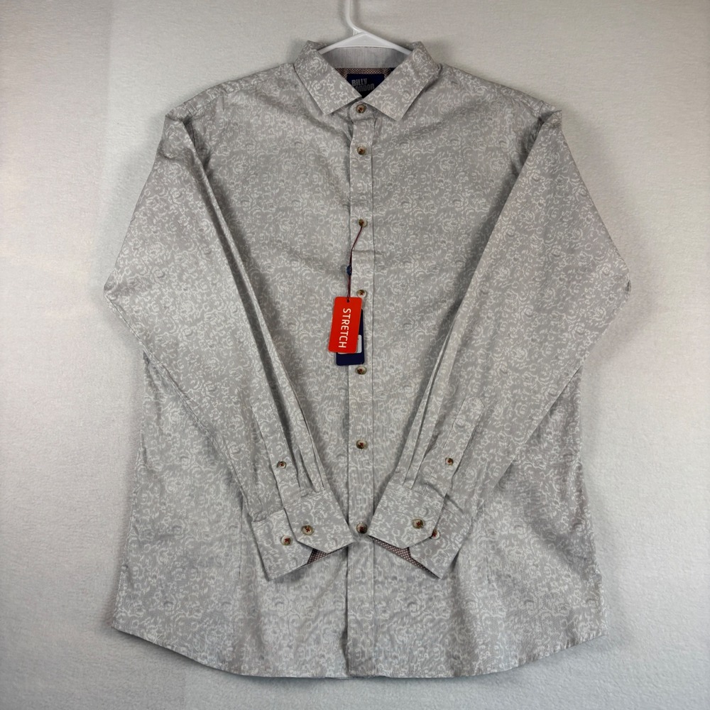 Billy London UK Mens XXL Slim Fit Dress Shirt‎ Grey White Scroll Stretch NWT 2XL